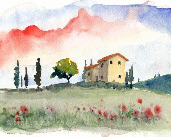 570x456 Italian Watercolor Landscape Tuscan Spring Two 8x10 By Bleuherron