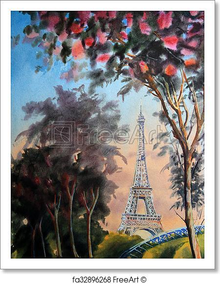 450x580 Free Art Print Of Watercolor Painting Landscape With Eiffel Tower