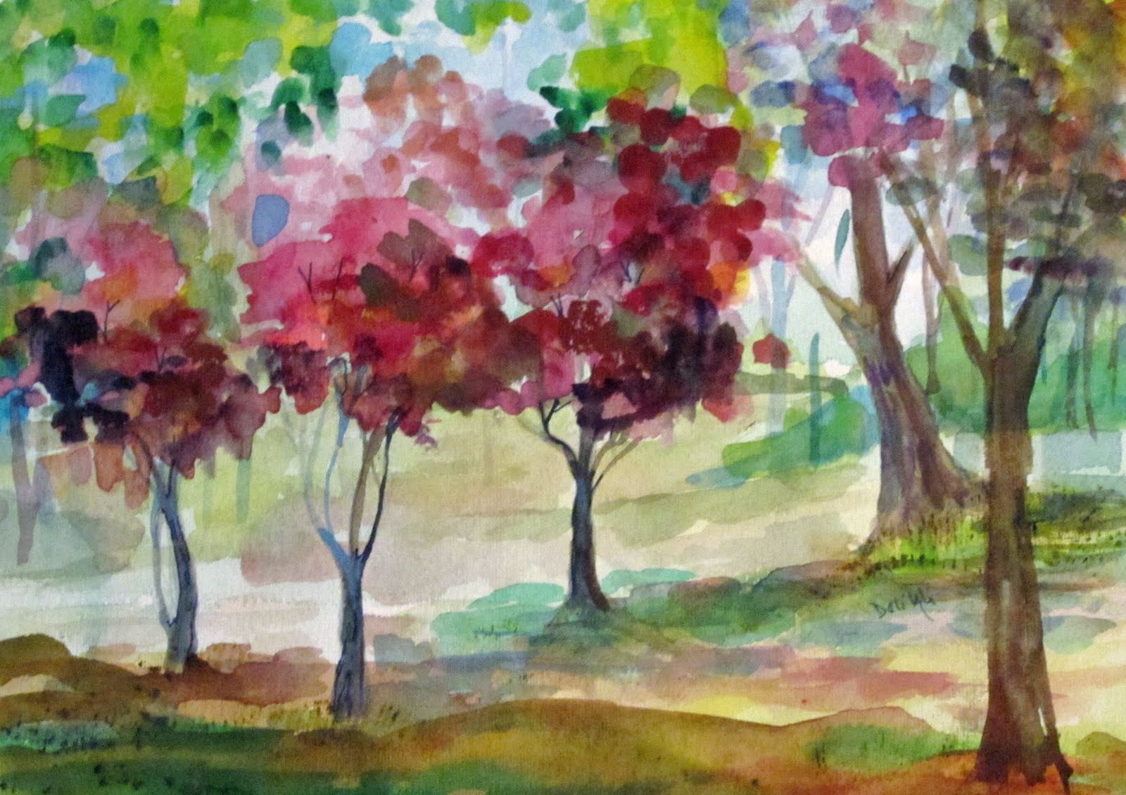 1600x1129 Pink Trees In The Spring Watercolor Art On Paper