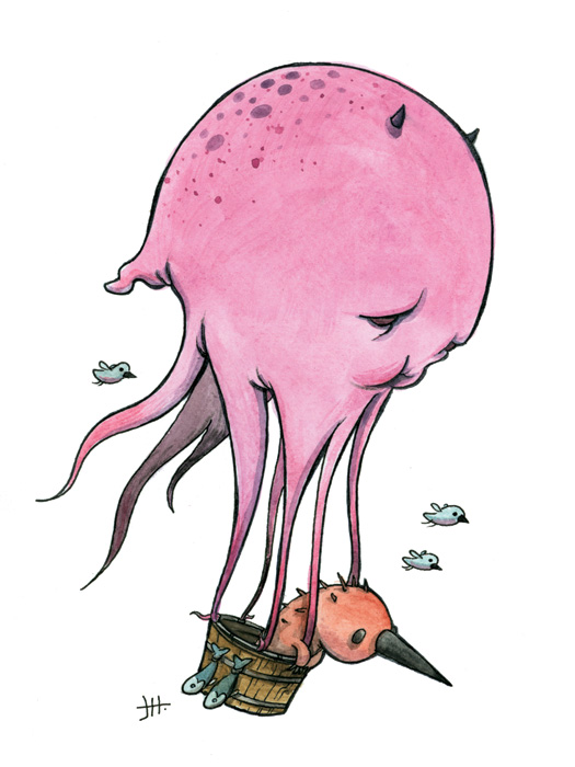 525x700 Hot Air Squid (Watercolor Painting)