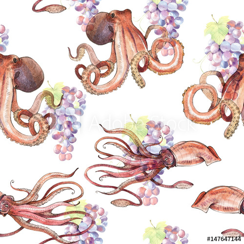 500x500 Watercolor Squid, Octopus
