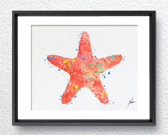 570x456 Red Starfish, Watercolor Print, Wall Decor, Room Decor, Nautical