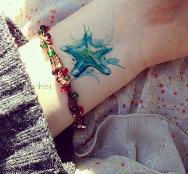 640x591 Temporary Tattoo Sticker For Body Art Watercolor Starfish Octopus