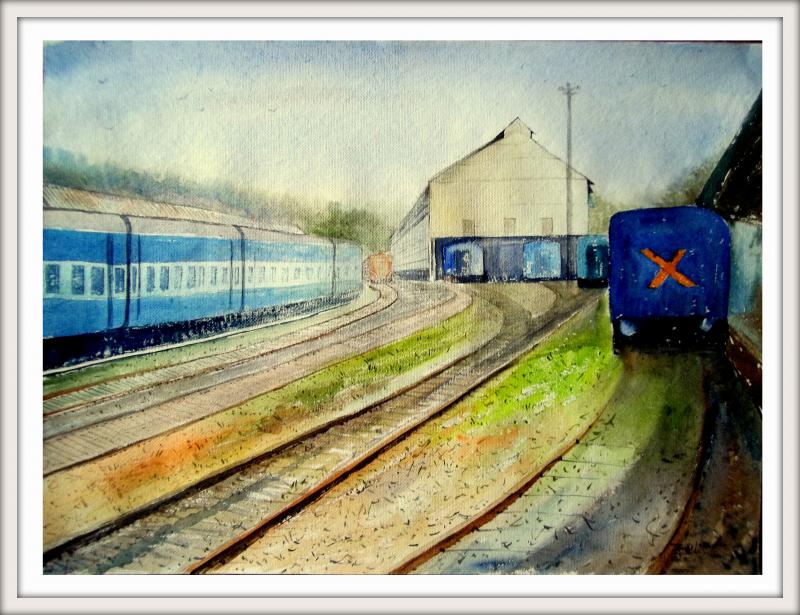 800x615 Railway Station By Artist Biki Das Cityscape Art Watercolor