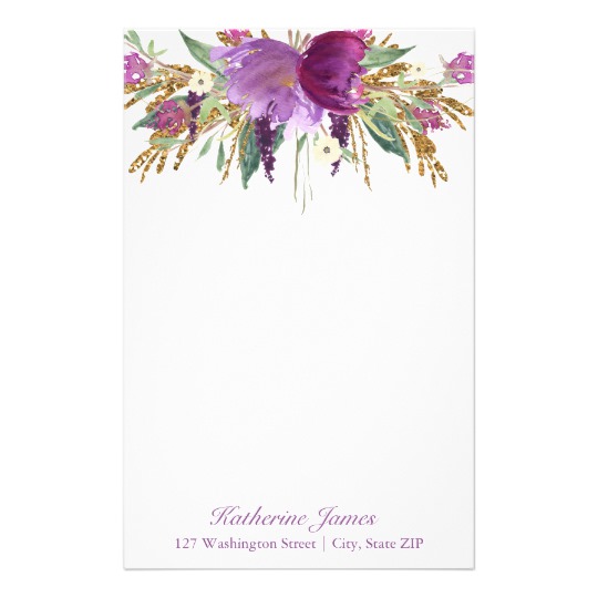 540x540 Purple And Gold Watercolor Flowers Personalized Stationery