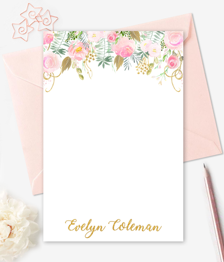 460x537 Watercolor Gold Floral Note Cards Personalized Stationery