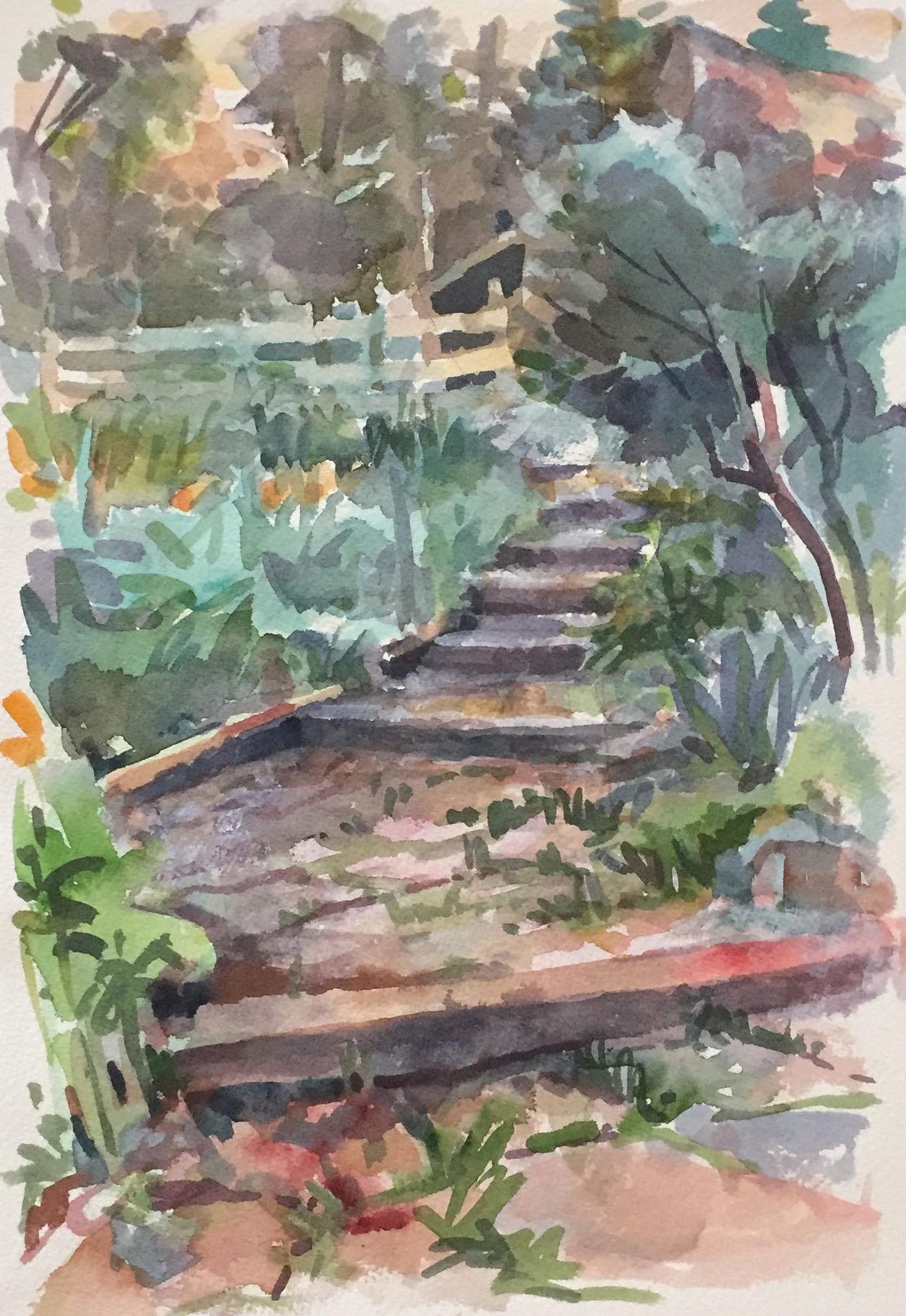 1410x2048 Watercolor Garden Steps, Landscape, View Of Backyard With Fence