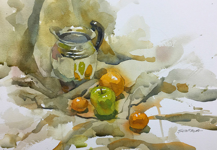 700x484 Jeff Suntala Watercolors Still Life With Chrome Pitcher And Fruit 1