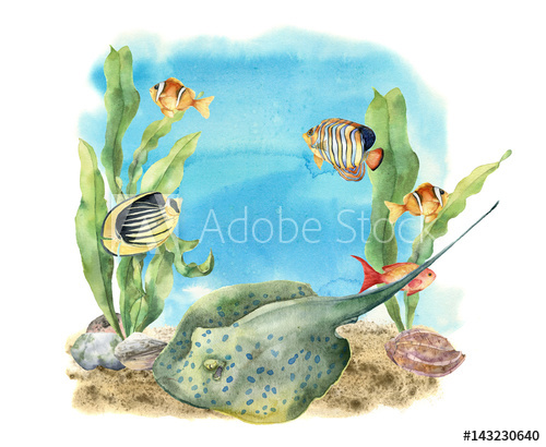 500x410 Watercolor Tropic Sea Print. Hand Painted Tropic Fish, Seaweeds
