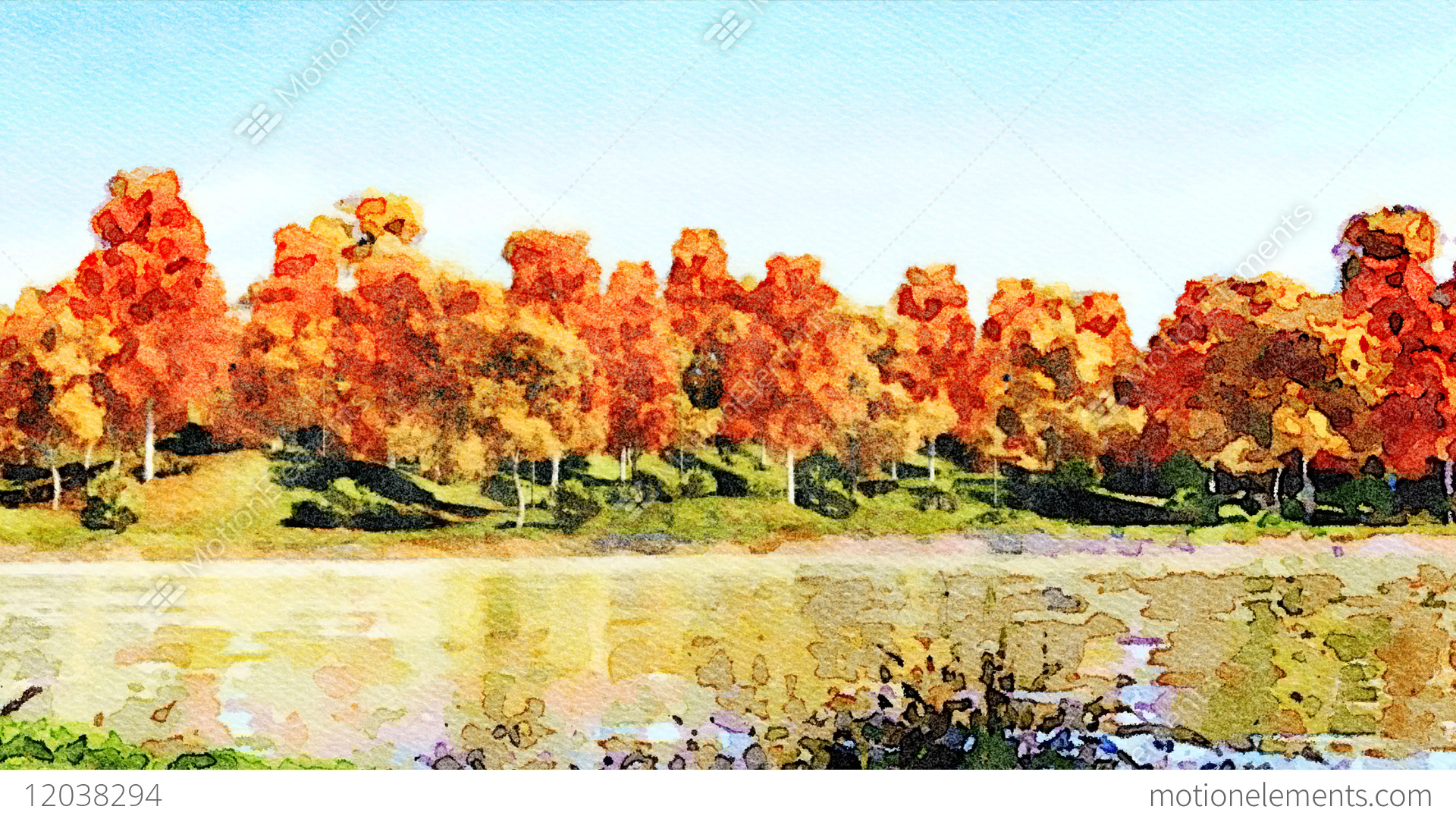 1920x1080 Watercolor Autumn Landscape On A Forest Lake Shore Stock Animation