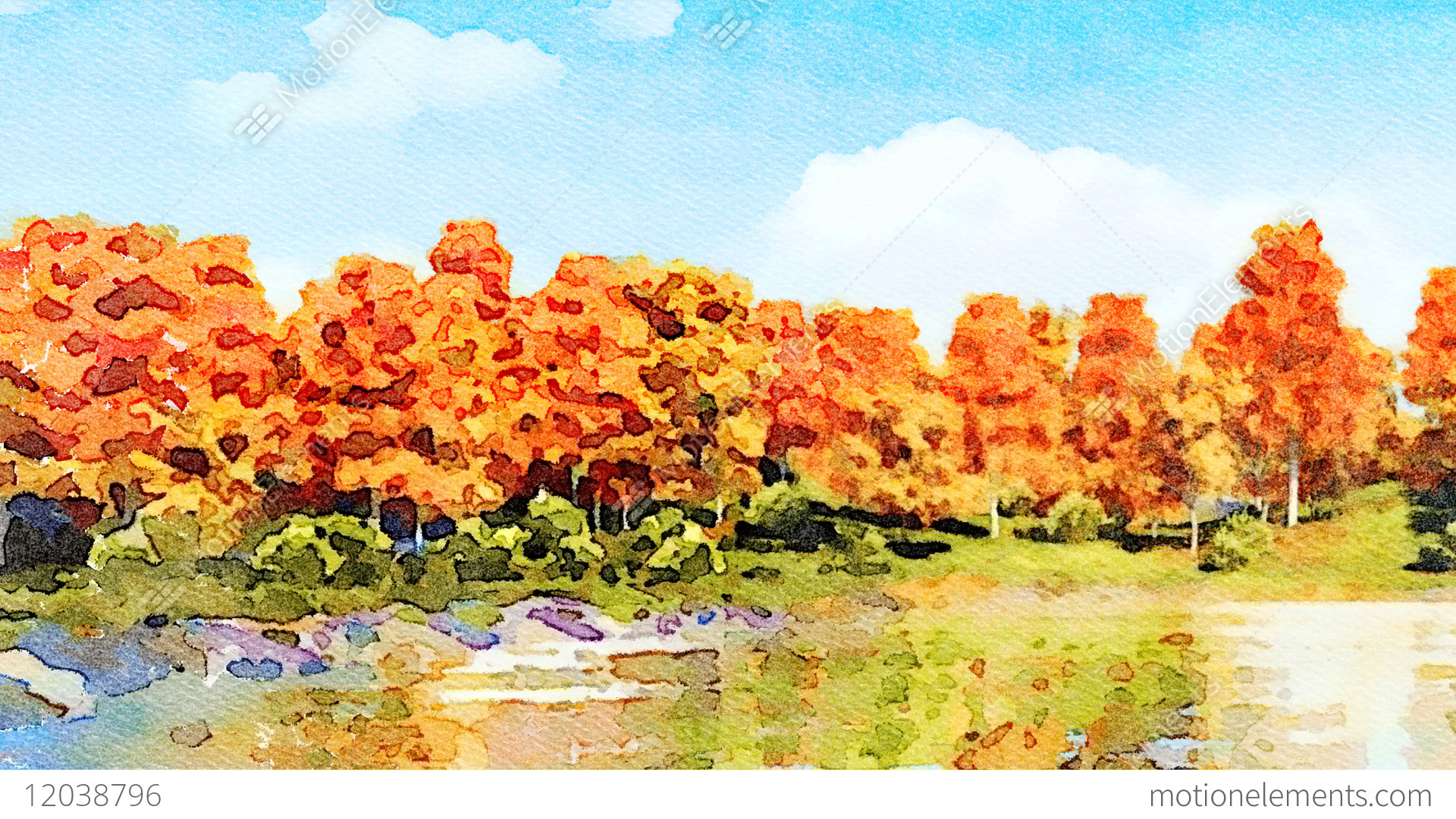 1920x1080 Autumn Trees On A Lake Shore Watercolor Landscape Stock Animation