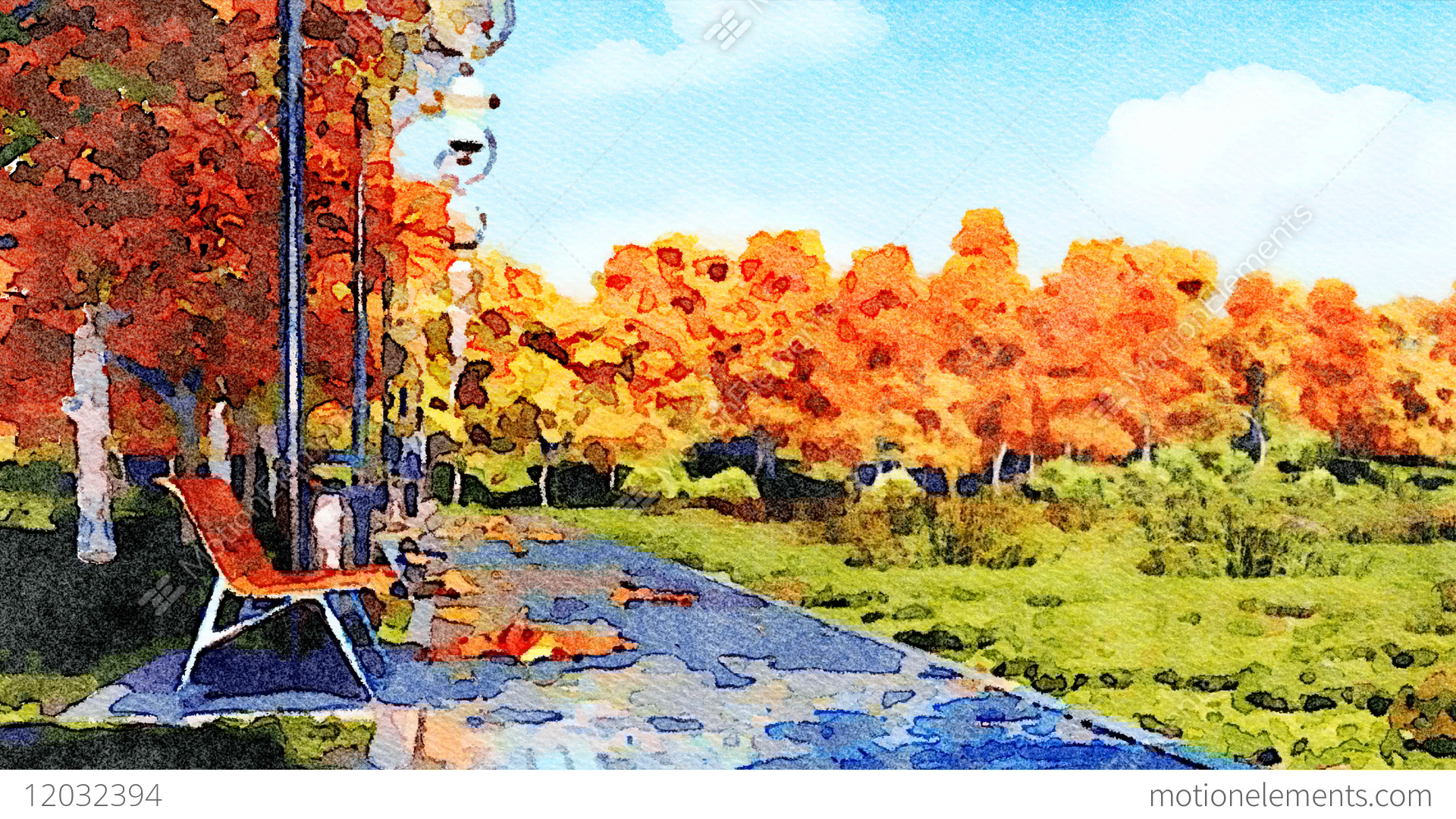 1920x1080 Autumn Watercolor Landscape With Empty Park Alley Stock Animation