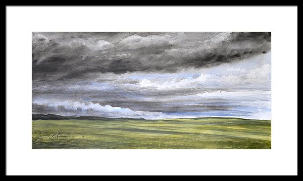 600x359 Rolling Storm Clouds Farmland Watercolor Painting Framed Print By