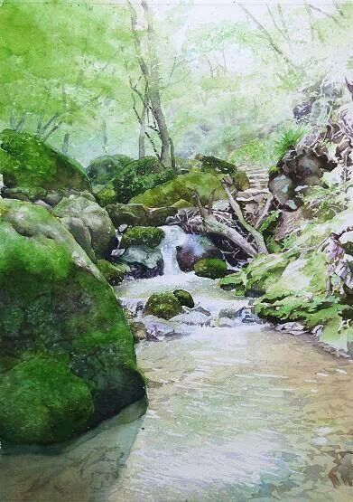 391x555 Watercolor Landscape Forest Stream Rocks Moss Love Watercolors