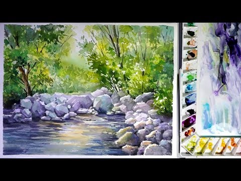 480x360 Watercolor Landscape Painting A Stream