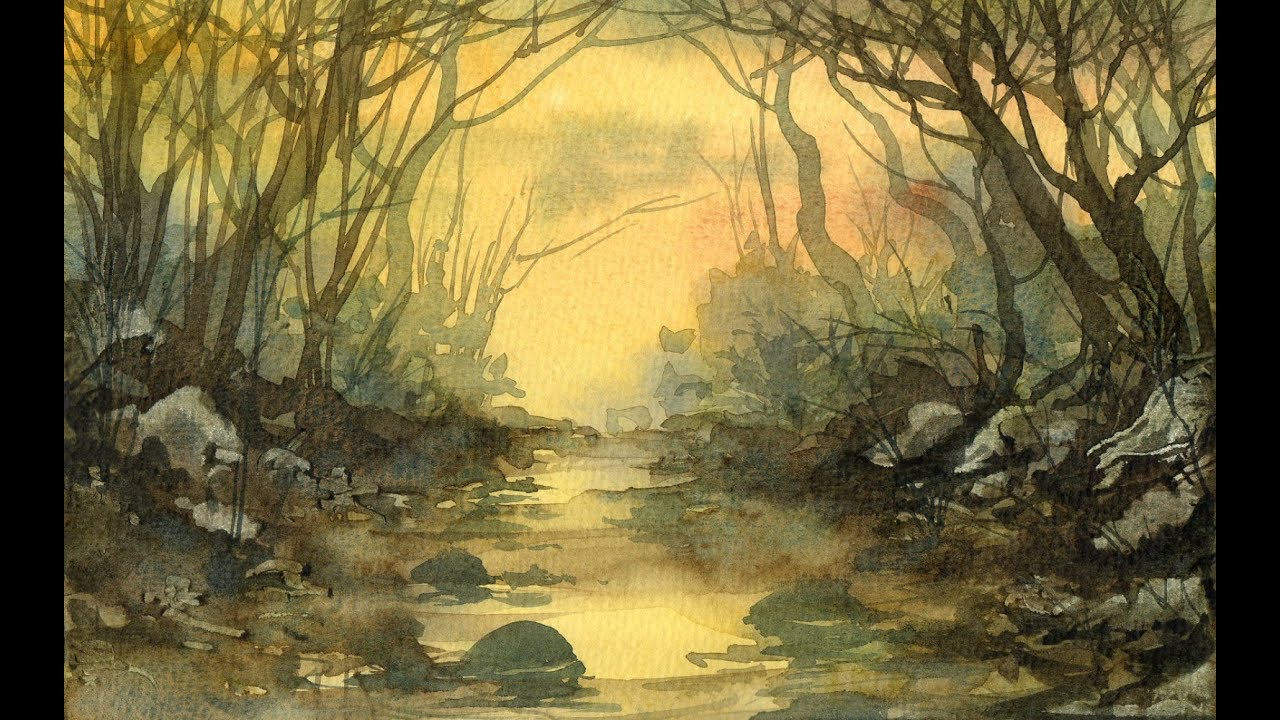 1280x720 Watercolour Demonstration. Autumnal Woodland Stream Speed Painting