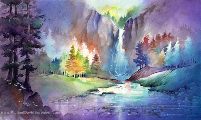 642x384 Waterfall Watercolor Landscape Painting Print By Michael David Etsy