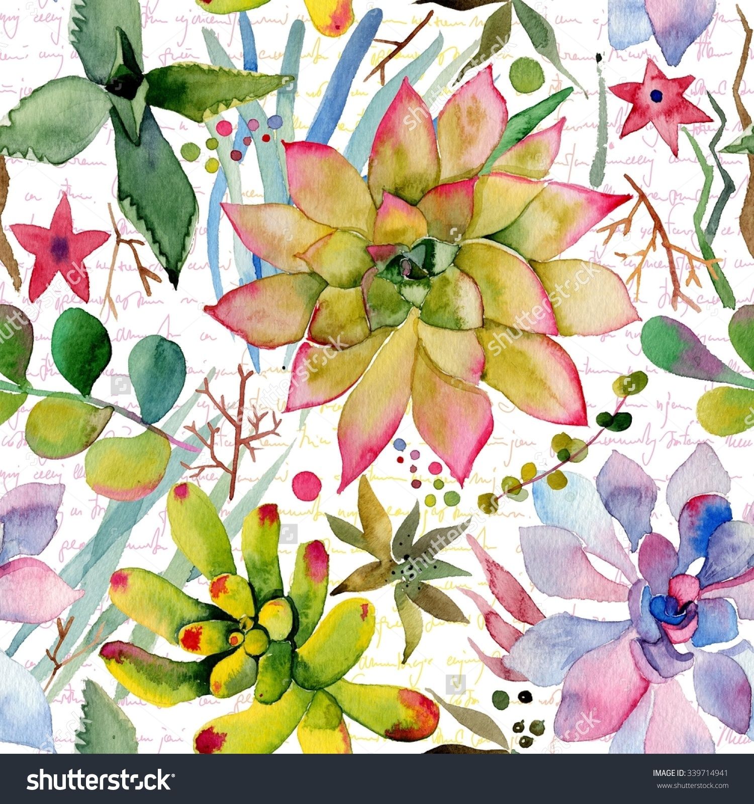 1500x1600 Watercolor Succulent Pattern On White Background. Hand Painted