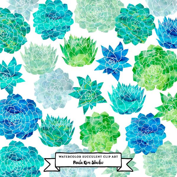 600x600 Blue And Green Watercolor Succulent Paula Kim Studio
