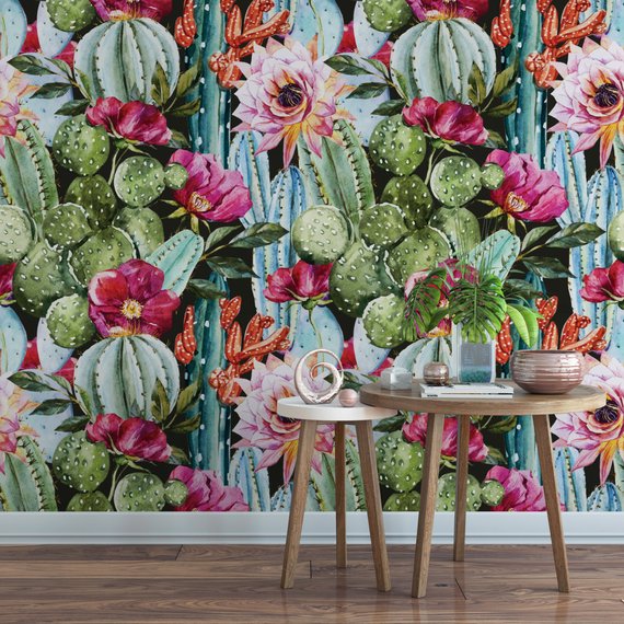 570x570 Watercolor Succulent Black Floral Removable Wallpaper Cute Etsy