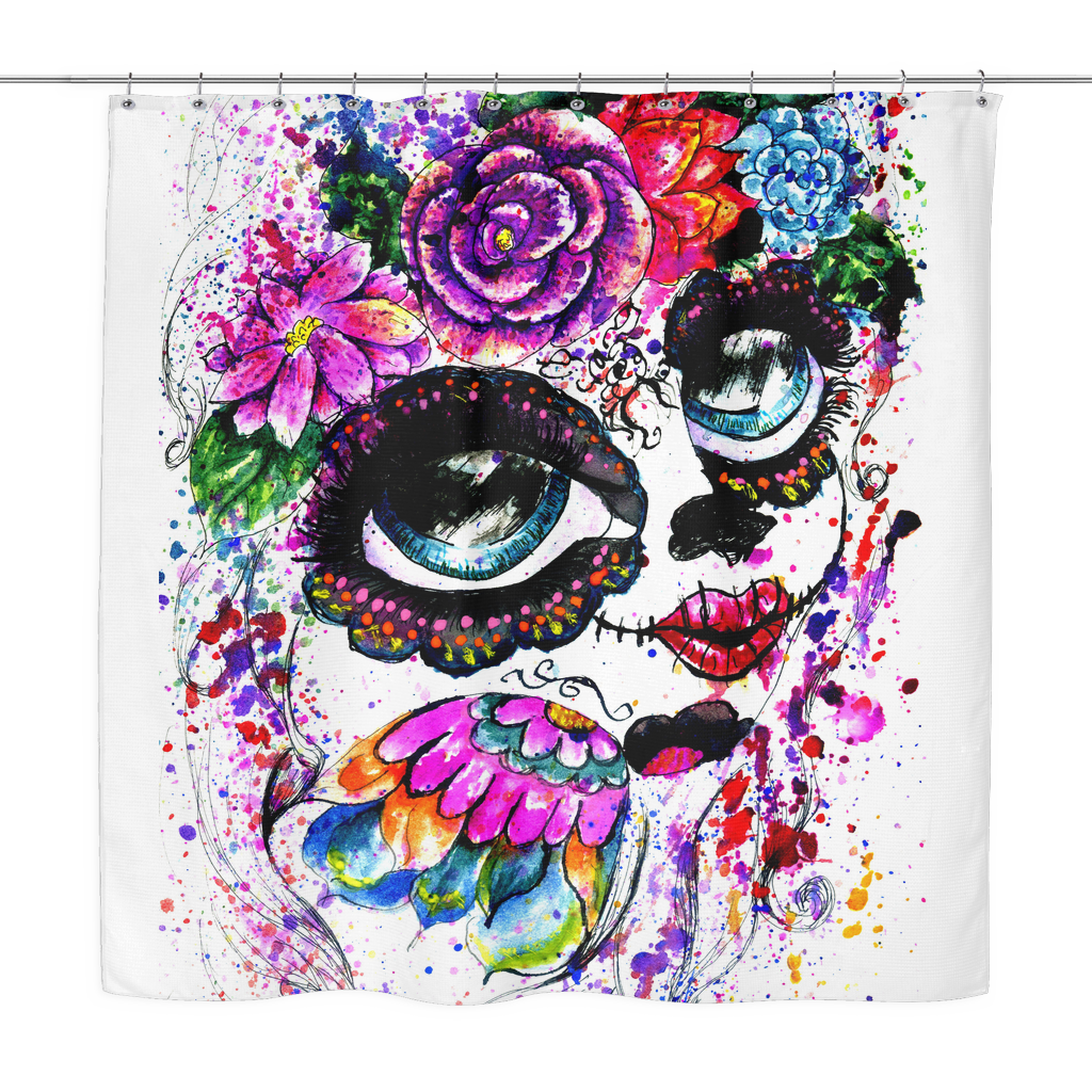 1024x1024 Sugar Skull Watercolor Girl Shower Curtain