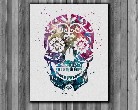 570x456 Sugar Skull Watercolor Painting Mexican Skull Art By Myaquamarine