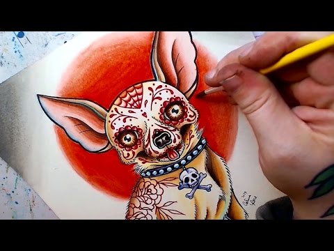 480x360 Watch Me Paint Sugar Skull Chihuahua Tattoo Watercolor Painting