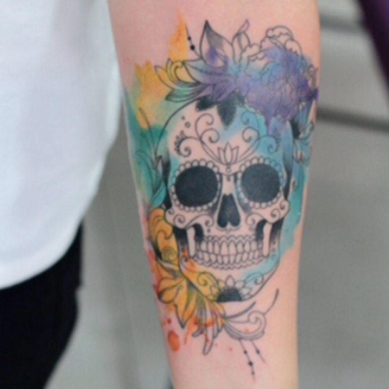 782x782 Dehtattoo Sugar Skull And Flowers. Watercolor.