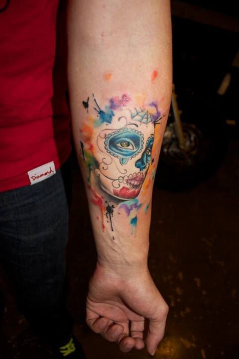480x720 I Think I Need This!!! Watercolor Sugar Skull Tattoo By Britta