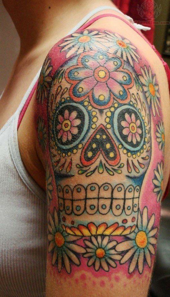 553x964 Watercolor Sugar Skull Half Sleeve Tattoo