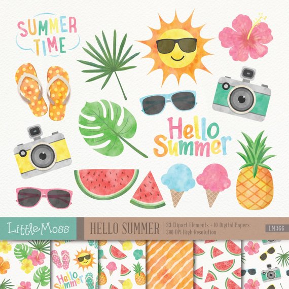 570x570 Summer Digital Clipart And Papers Watercolor Summer Clipart Etsy