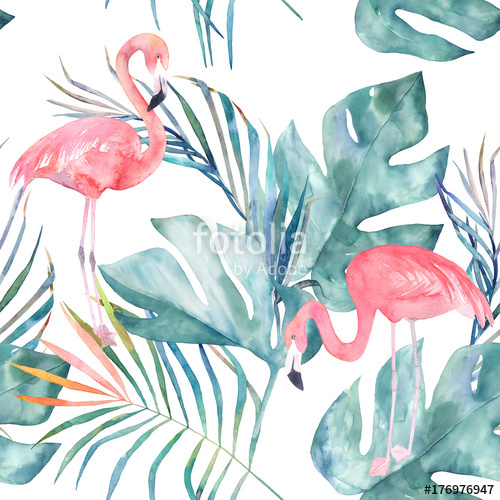 500x500 Tropical Seamless Pattern With Flamingo And Leaves. Watercolor