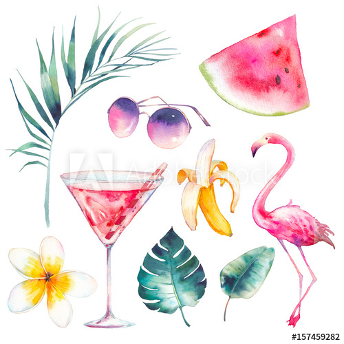 500x500 Watercolor Summer Set. Hand Drawn Vacation Icons Flamingo