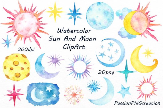 570x379 Watercolor Sun Moon Clipart Watercolor Stars Watercolour Etsy