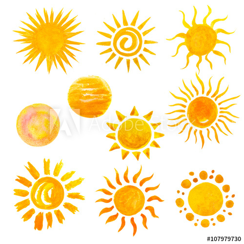 500x500 Set Of Watercolor Sun Icons Isolated On White. Hand Painting