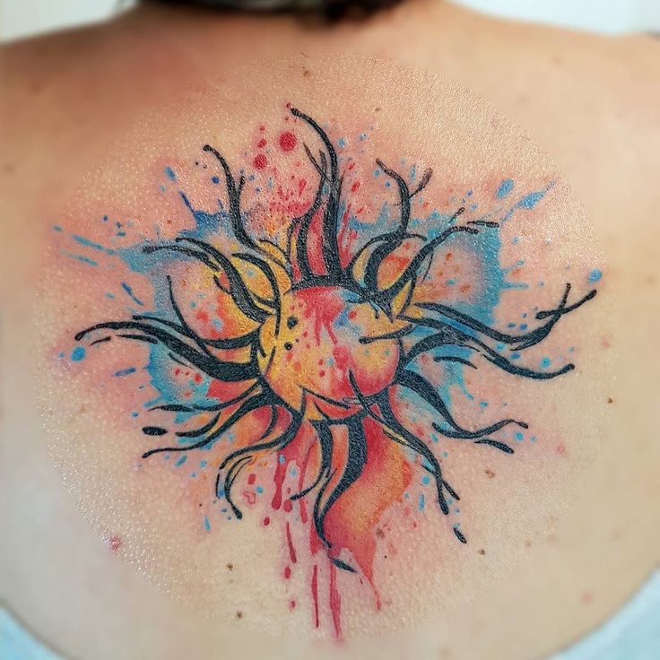 736x736 Colorful Realistic Sun Tattoo On Upper Back For Women