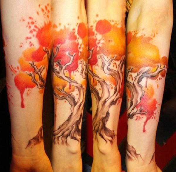 600x588 Red Tree Watercolor Tattoo On Forearm