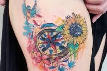 343x228 Watercolor Sunflower Thigh Tattoo