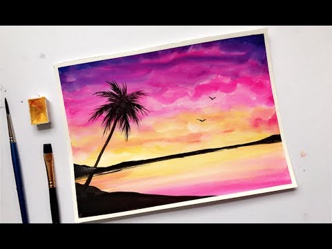 480x360 Palm Tree Colorful Sunset Watercolor Painting Tutorial
