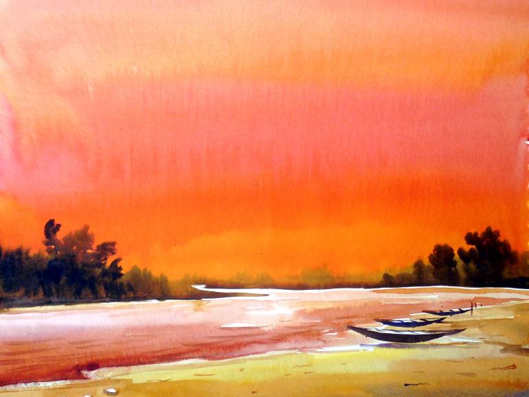 770x578 Sunset Village River Watercolor On Paper Painting Painting By
