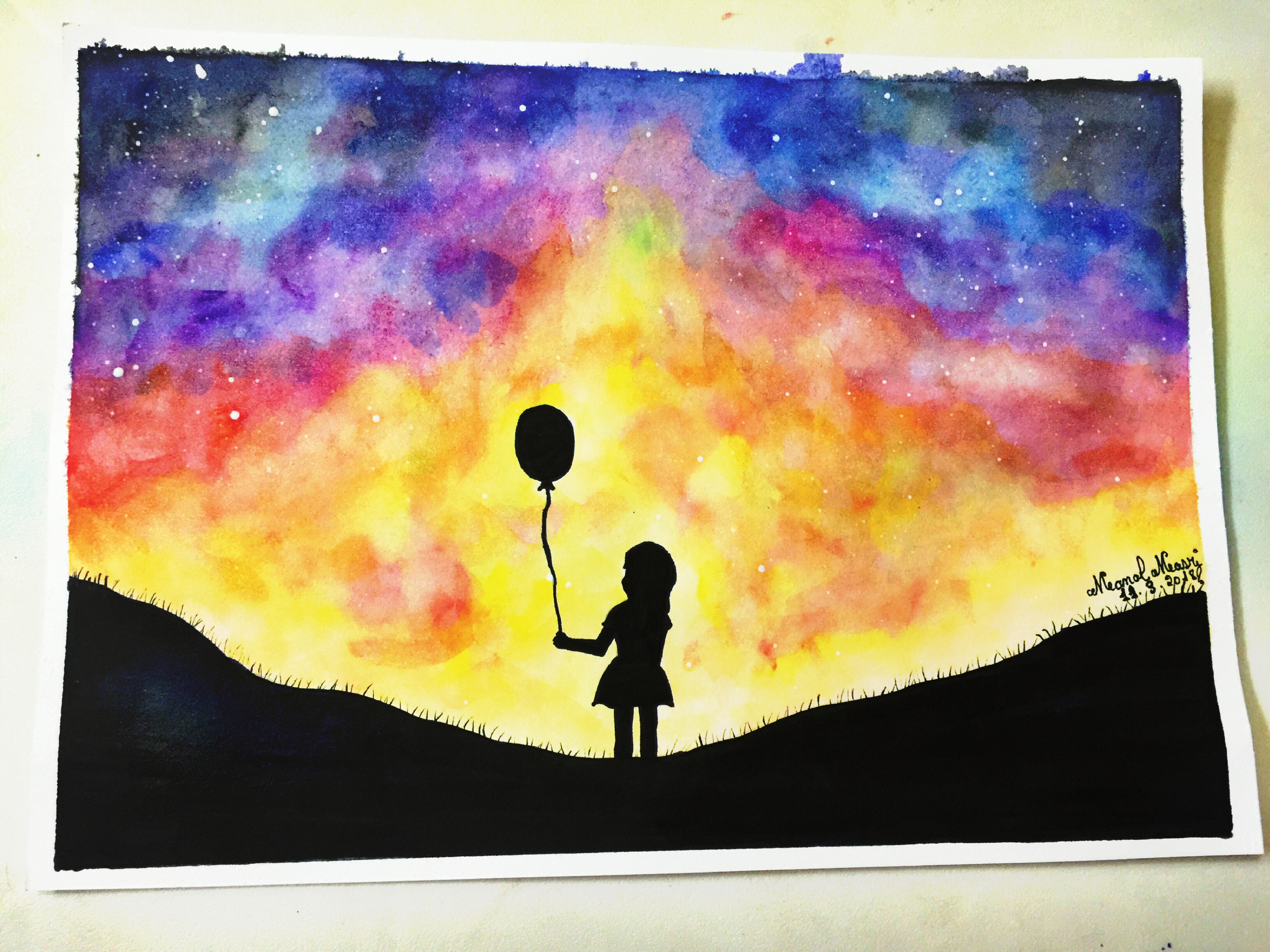 3264x2448 Drawing Watercolor Sunset Girl Balloon Colorful Freetoe