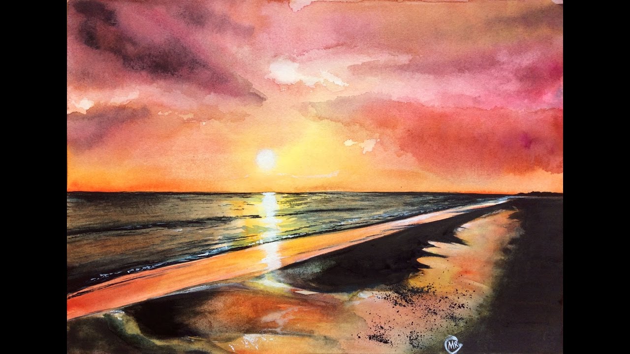 1280x720 Watercolor Sunset Sky Real Time Painting Demonstration