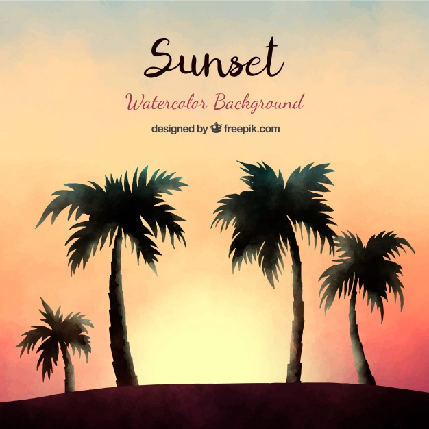 626x626 Watercolor Sunset And Palm Silhouettes Background Vector Free