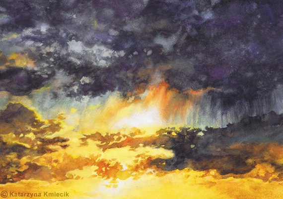 570x400 Watercolor Painting Of Sunset Sky Watercolor Art Yellow Etsy