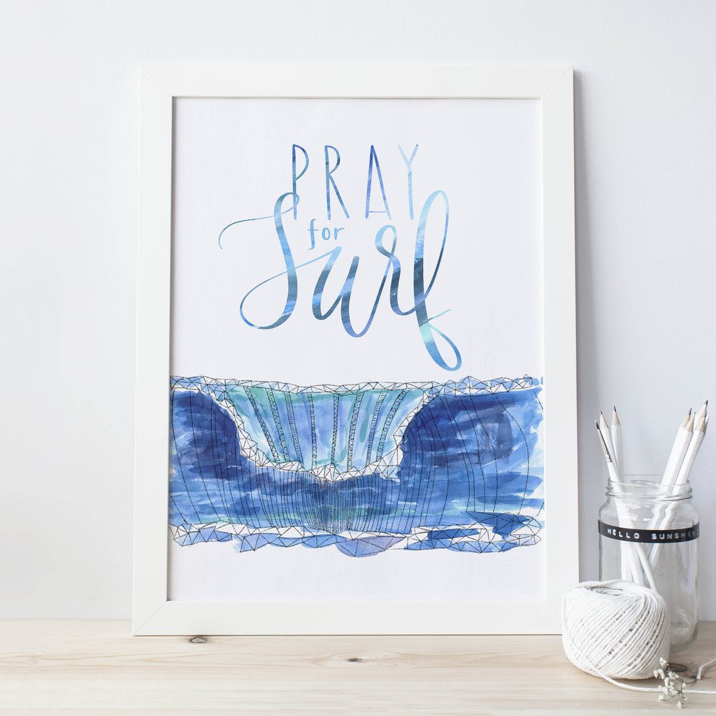1024x1024 Pray For Surf Watercolor Typographic Wall Art Digital Print