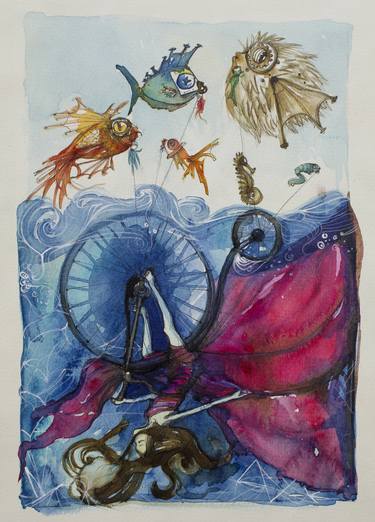 375x522 Original Surrealism Bicycle Watercolor Paintings For Sale
