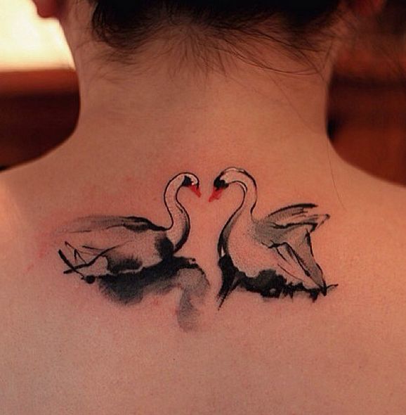 578x590 Black Watercolor Two Swan Tattoo On Upper Back By Chen Jie