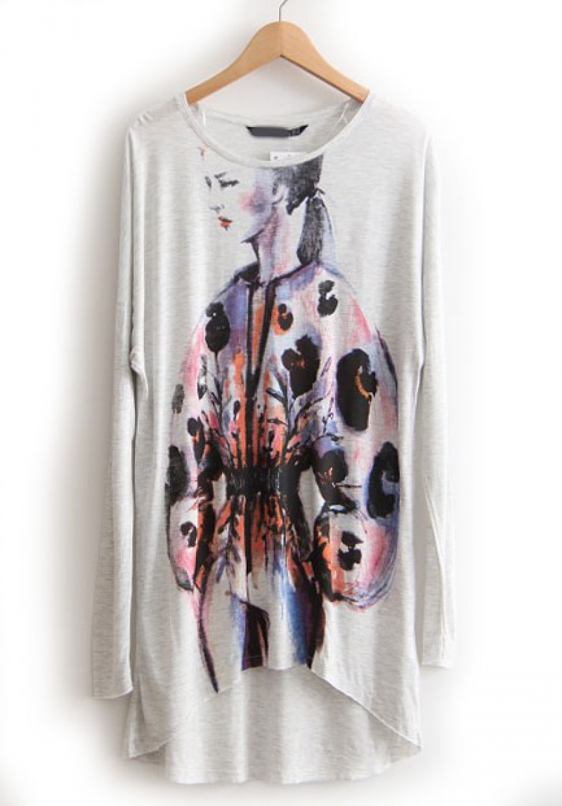 800x1147 Grey Long Sleeve Watercolor Print Dipped Hem T Shirt
