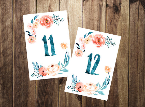 570x420 Watercolor Table Numbers 11 20 Printable, Wedding Sign, Wedding