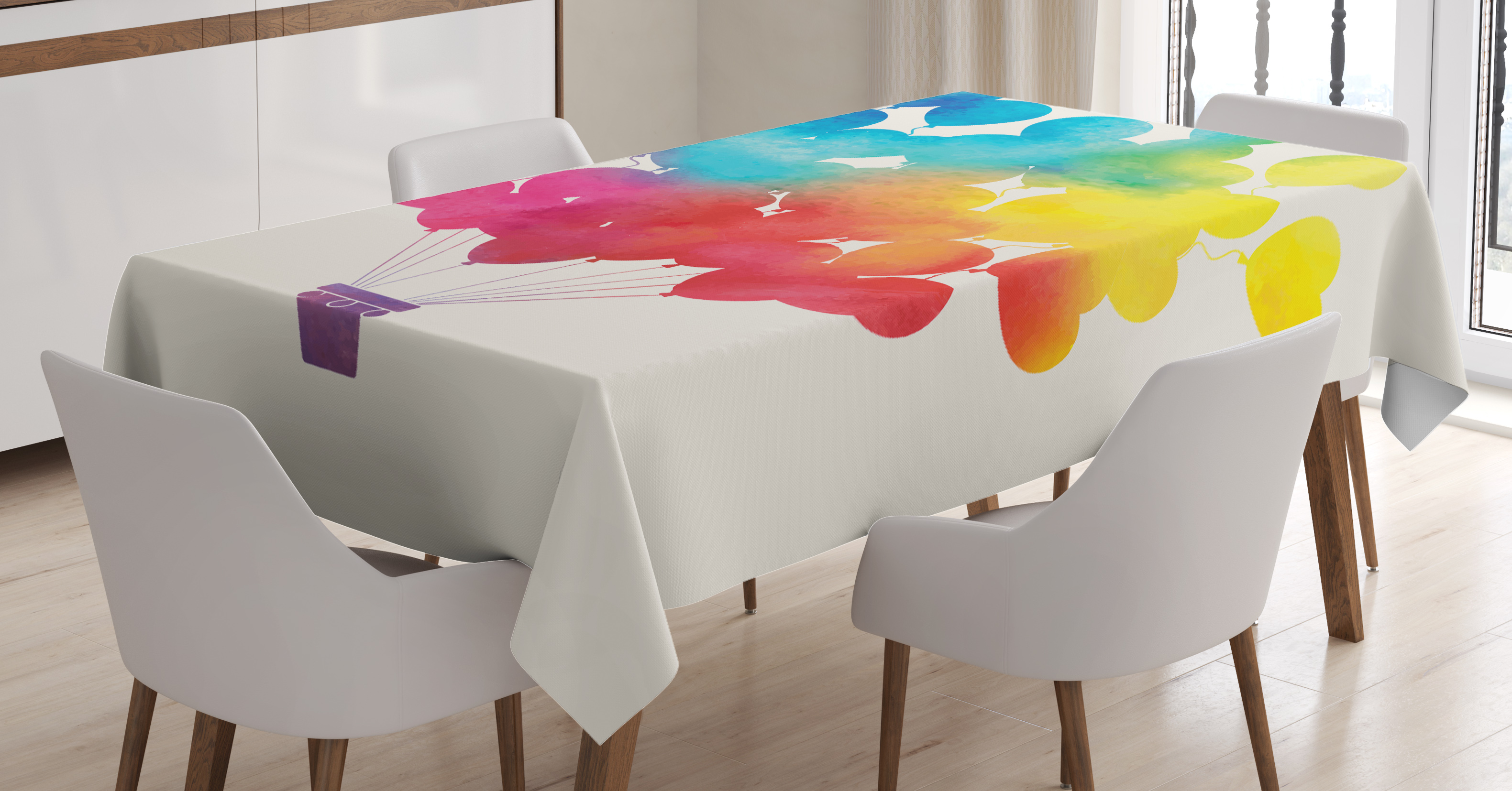 3161x1655 Watercolor Tablecloth, Hot Air Balloon Rainbow Colors Cute Heart
